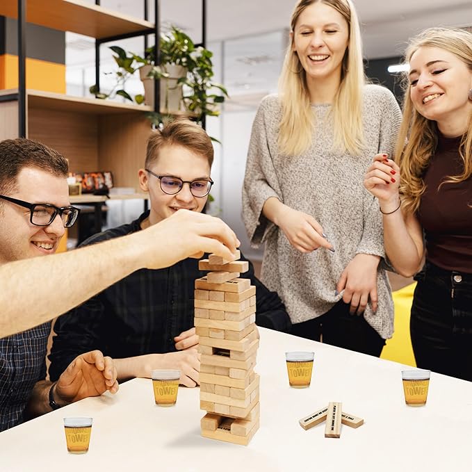 PREMIUM Drunken Tower Drinking Games for Adults, with 4 Glasses and Wooden Blocks with Challenges, Fun House Adult Party Games for Game Night, Great Gift Idea