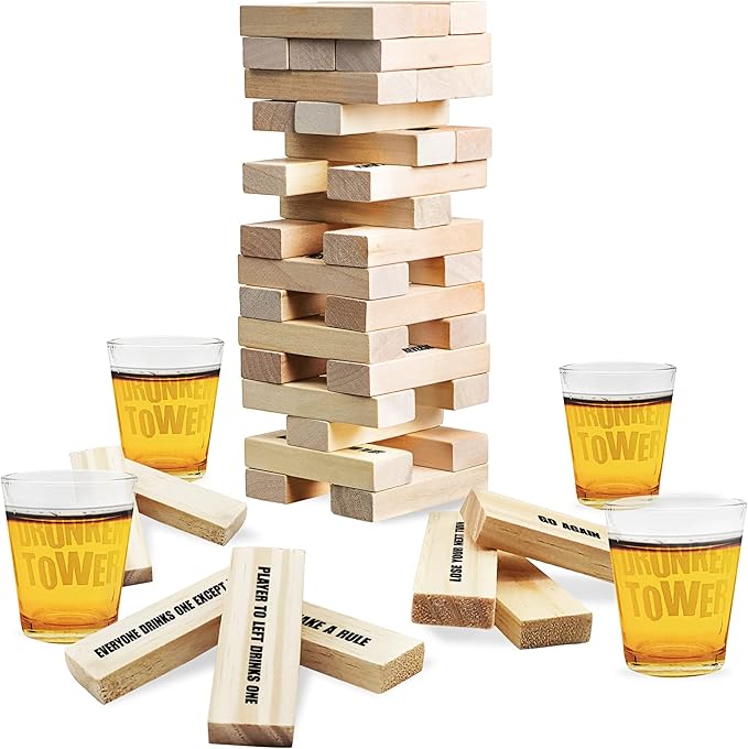 PREMIUM Drunken Tower Drinking Games for Adults, with 4 Glasses and Wooden Blocks with Challenges, Fun House Adult Party Games for Game Night, Great Gift Idea