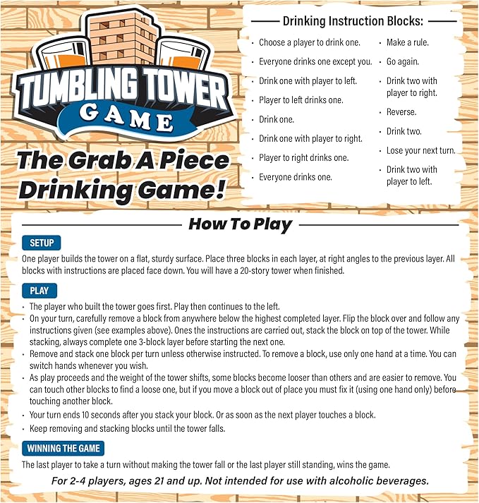 PREMIUM Drunken Tower Drinking Games for Adults, with 4 Glasses and Wooden Blocks with Challenges, Fun House Adult Party Games for Game Night, Great Gift Idea