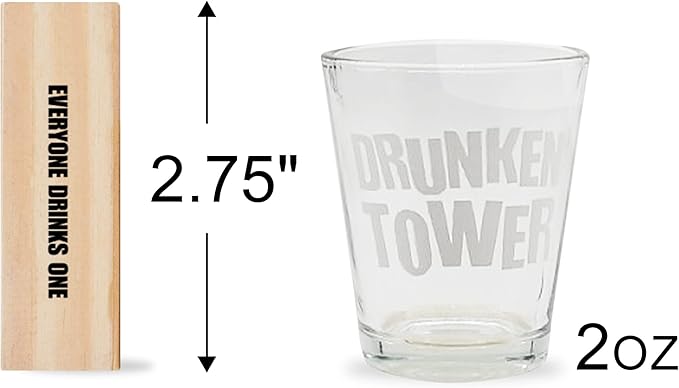 PREMIUM Drunken Tower Drinking Games for Adults, with 4 Glasses and Wooden Blocks with Challenges, Fun House Adult Party Games for Game Night, Great Gift Idea