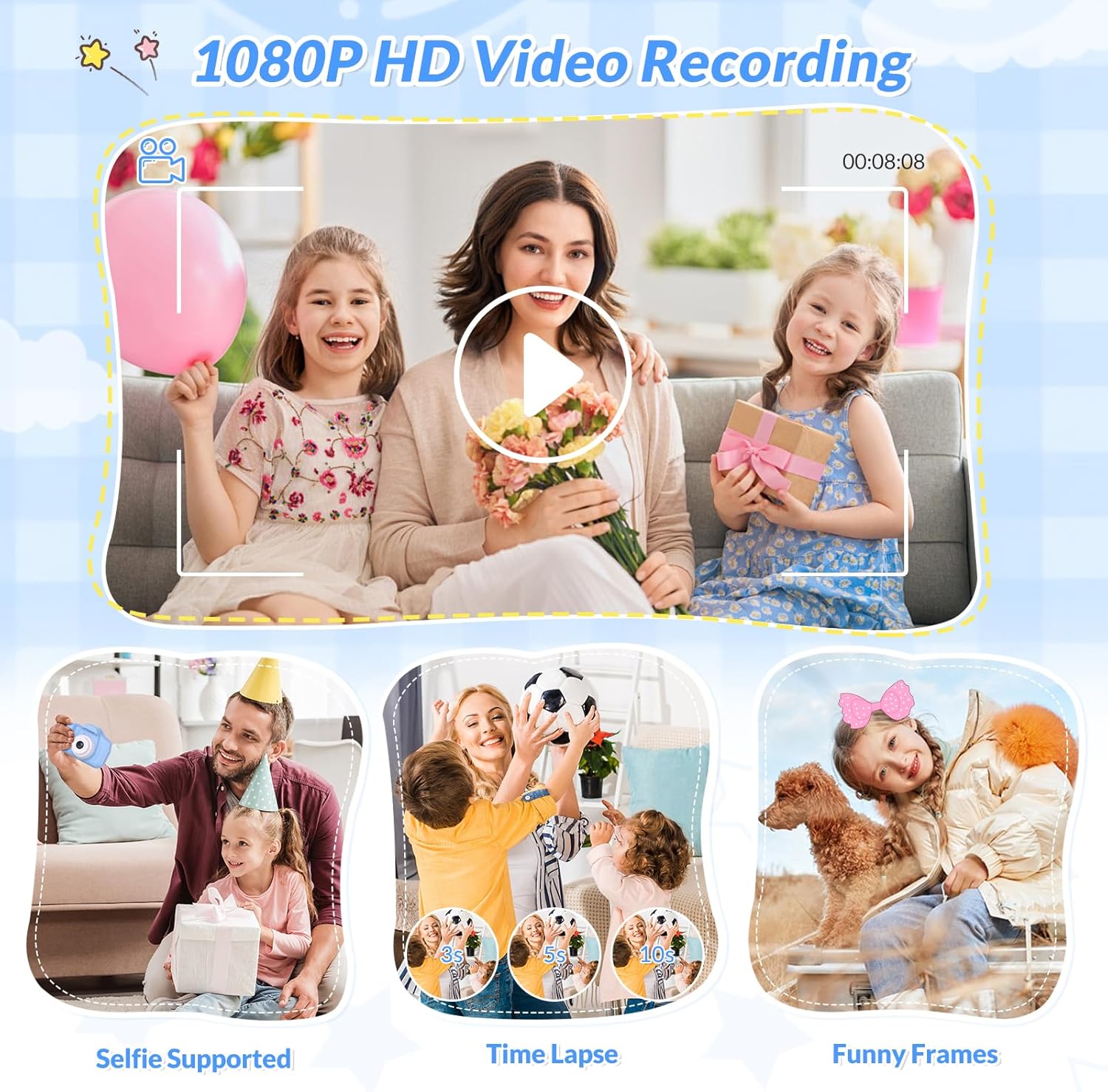 Kids Camera,26MP HD Mini Selfie Digital Camera for Kids,Toddler Camera1080P Video,Outdoor Toy for Holiday,Birthday Xmas Gift for 3-8 Years Old Girl Boy