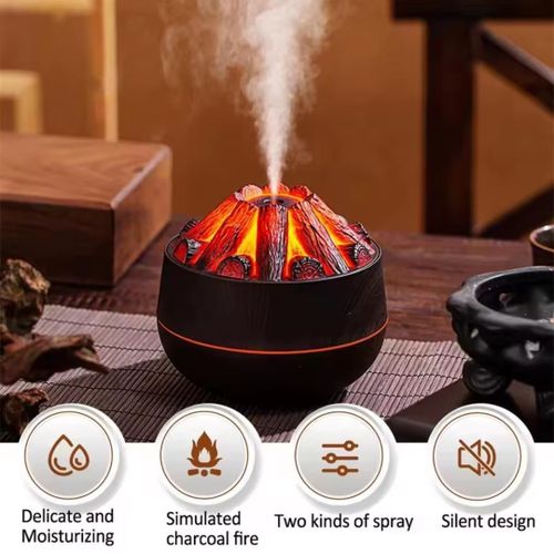 New Simulation 3D Mini Humidifier, Simulated Charcoal Fire Personal Desktop Air Humidifier with No-Water Auto-Off Protection 300ml Super Quiet Cool Mist for Bedroom Office Car Mini Usb