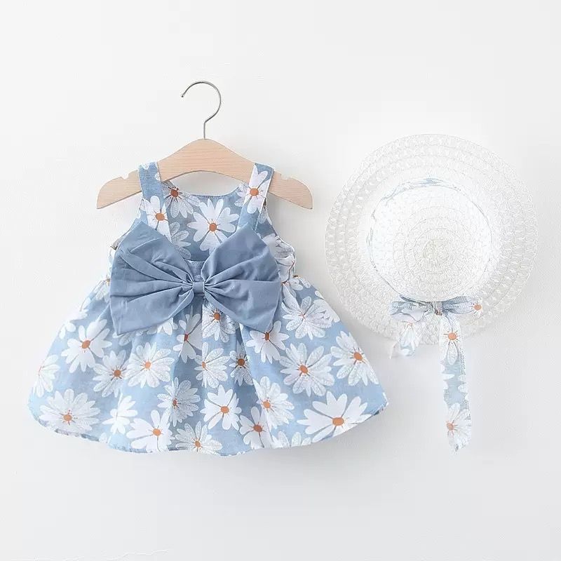Girl Dress Hanging Strap Big Bow Princess Dress Party Dress With Hat For 0-3 Years Old Baby
