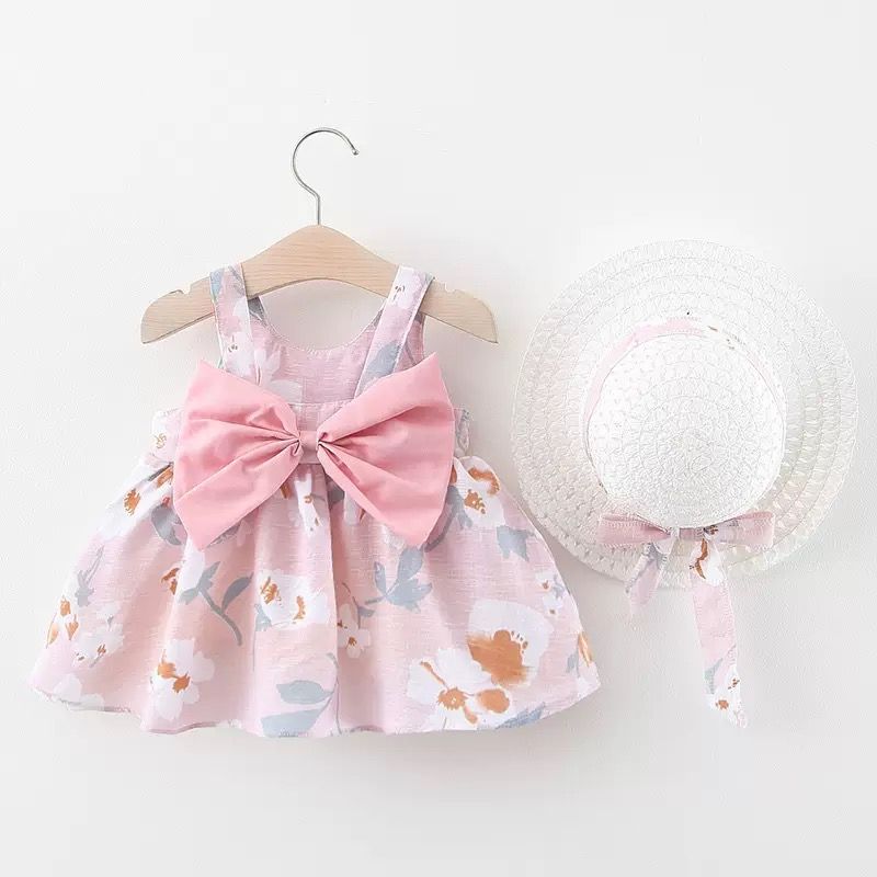 Girl Dress Hanging Strap Big Bow Princess Dress Party Dress With Hat For 0-3 Years Old Baby