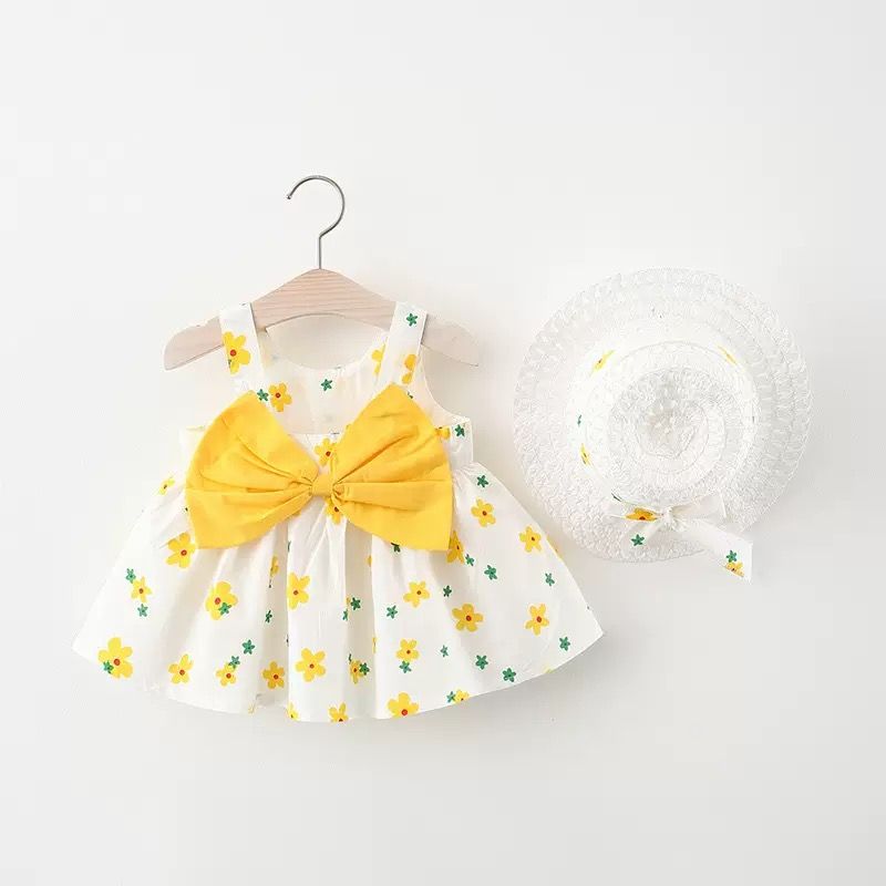 Girl Dress Hanging Strap Big Bow Princess Dress Party Dress With Hat For 0-3 Years Old Baby