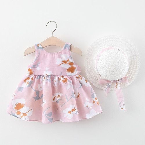 Girl Dress Hanging Strap Big Bow Princess Dress Party Dress With Hat For 0-3 Years Old Baby