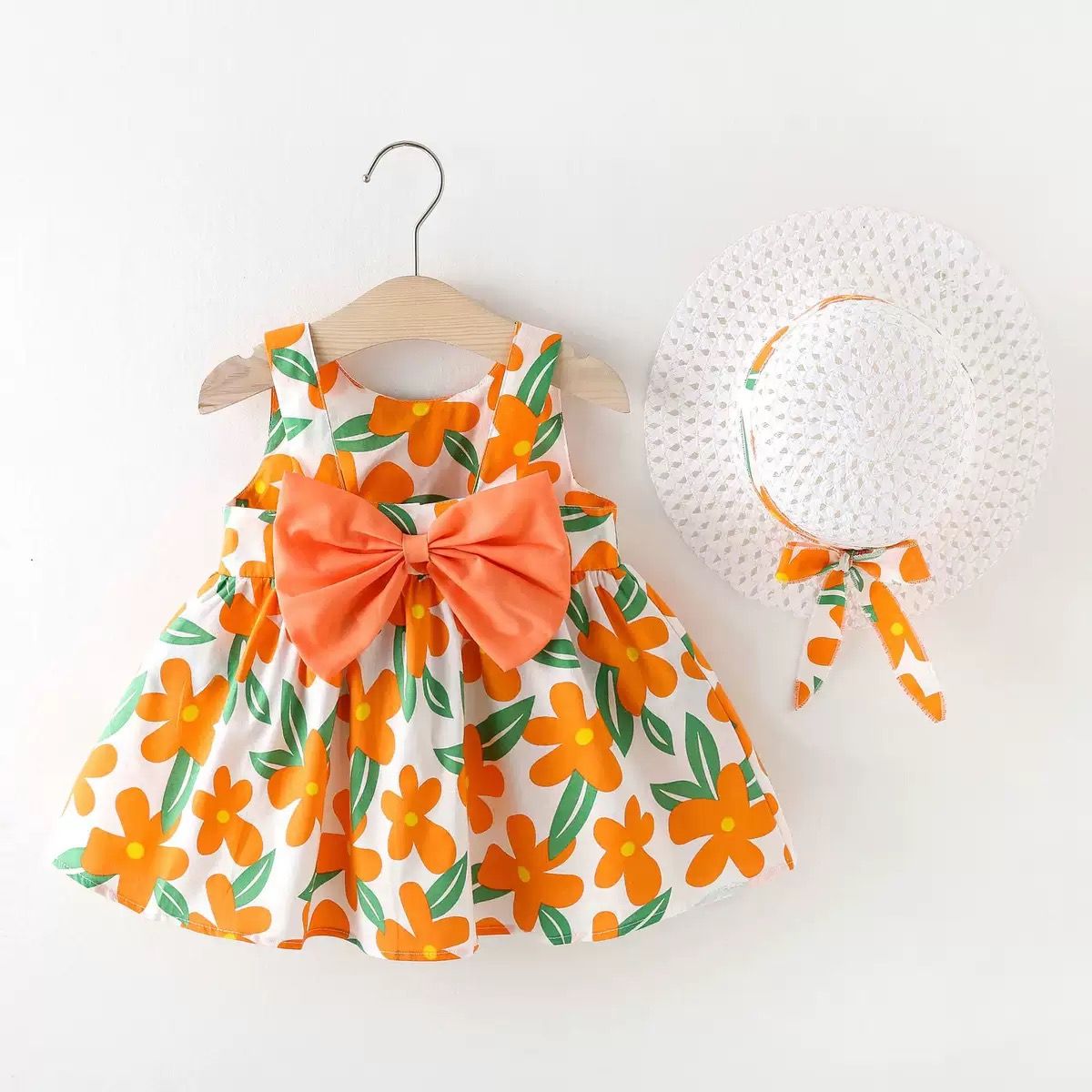 Girl Dress Hanging Strap Big Bow Princess Dress Party Dress With Hat For 0-3 Years Old Baby