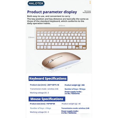 Ultra-Portable 2-in-1 Wireless Gold Keyboard & Mouse for iPad/Tablet