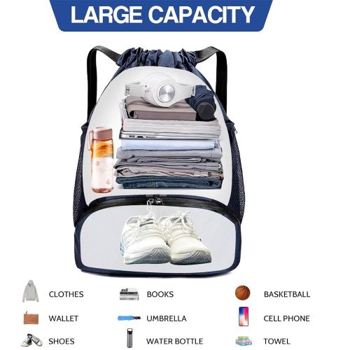 Drawstring Backpack Water Resistant String Bag with Side Mesh Pockets Shoe Compartment Gym Backpack for Women & Men Navy