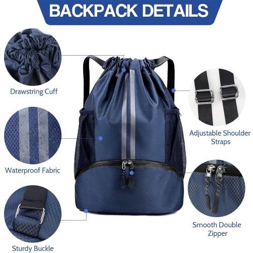 Drawstring Backpack Water Resistant String Bag with Side Mesh Pockets Shoe Compartment Gym Backpack for Women & Men Navy