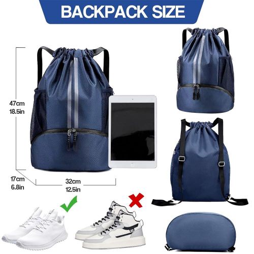 Drawstring Backpack Water Resistant String Bag with Side Mesh Pockets Shoe Compartment Gym Backpack for Women & Men Navy