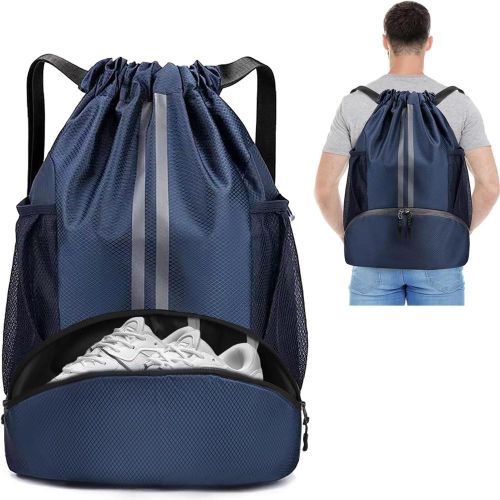 Drawstring Backpack Water Resistant String Bag with Side Mesh Pockets Shoe Compartment Gym Backpack for Women & Men Navy