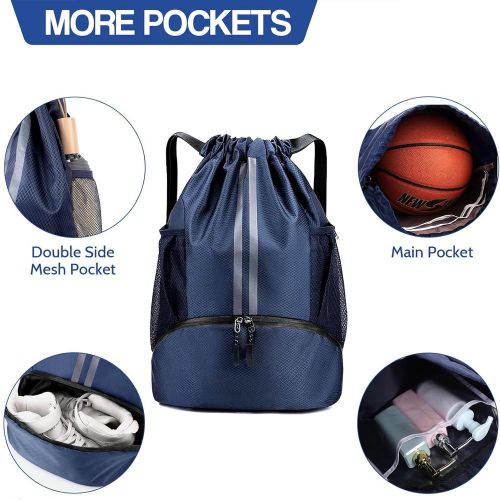 Drawstring Backpack Water Resistant String Bag with Side Mesh Pockets Shoe Compartment Gym Backpack for Women & Men Navy