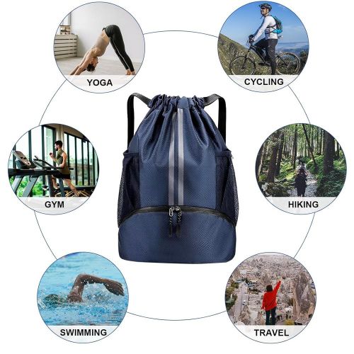 Drawstring Backpack Water Resistant String Bag with Side Mesh Pockets Shoe Compartment Gym Backpack for Women & Men Navy