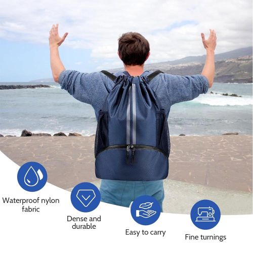 Drawstring Backpack Water Resistant String Bag with Side Mesh Pockets Shoe Compartment Gym Backpack for Women & Men Navy