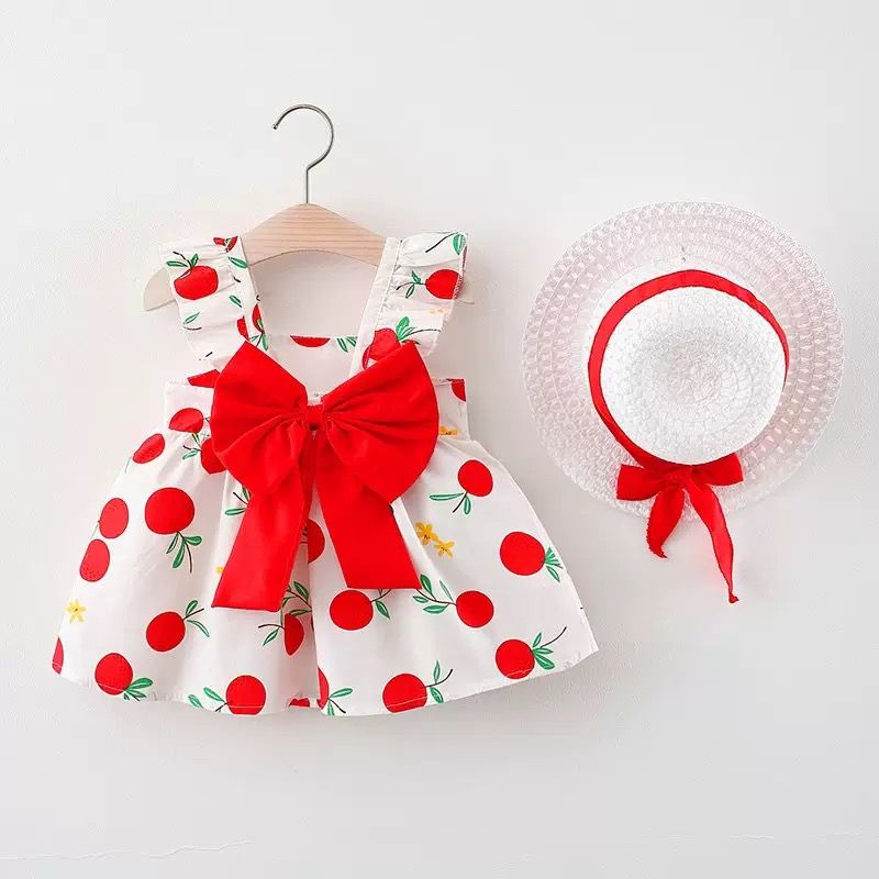 Girl Dress Hanging Strap Big Bow Princess Dress Party Dress With Hat For 0-3 Years Old Baby