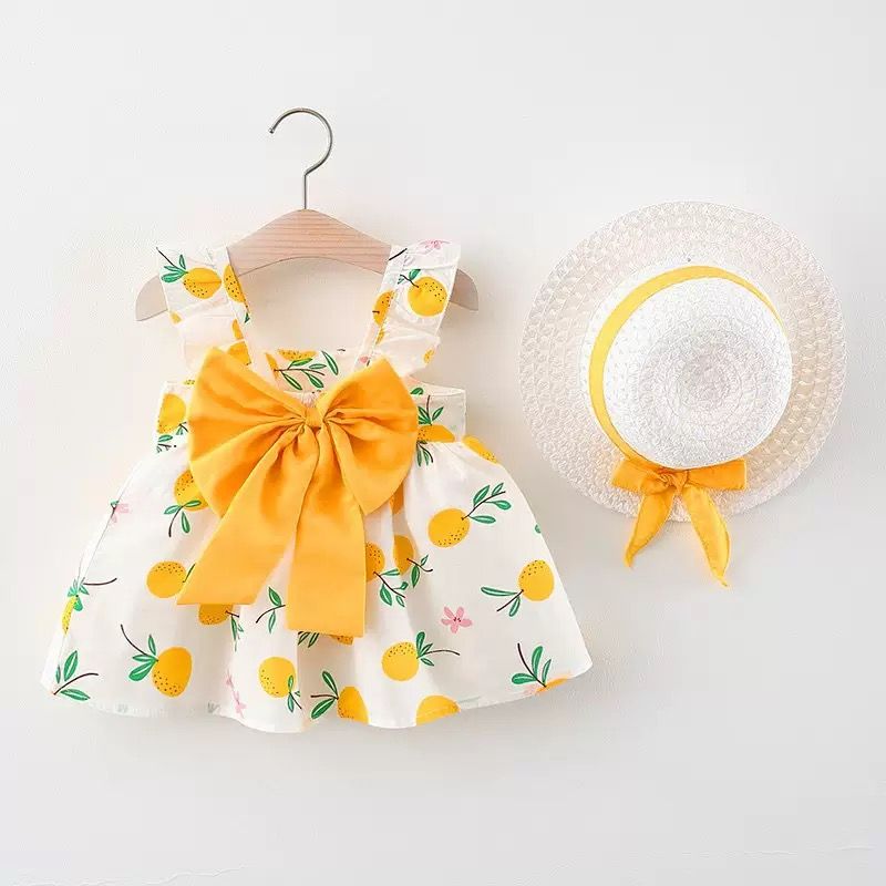 Girl Dress Hanging Strap Big Bow Princess Dress Party Dress With Hat For 0-3 Years Old Baby