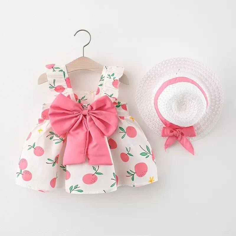 Girl Dress Hanging Strap Big Bow Princess Dress Party Dress With Hat For 0-3 Years Old Baby