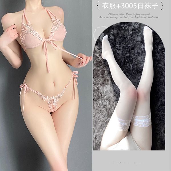 Valentines Gift Women Sexy G-String Bra Sets with Stocking Brief Breathable Lace Crotch Opening Thong Lady Sexy Panties G-String Underwear Thong Lingerie 4pieces set M06