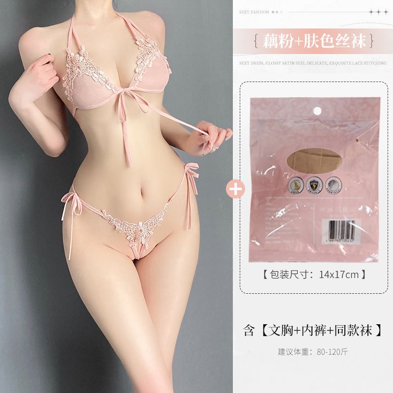 Valentines Gift Women Sexy G-String Bra Sets with Stocking Brief Breathable Lace Crotch Opening Thong Lady Sexy Panties G-String Underwear Thong Lingerie 4pieces set M06