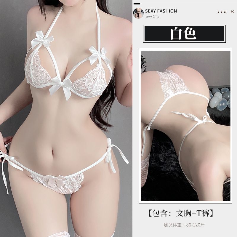 Valentines Gift Women Sexy G-String Bra Sets with Stockings Brief Breathable Lace Crotch Opening Thong Lady Sexy Panties G-String Underwear Thong Lingerie 4pieces set M07