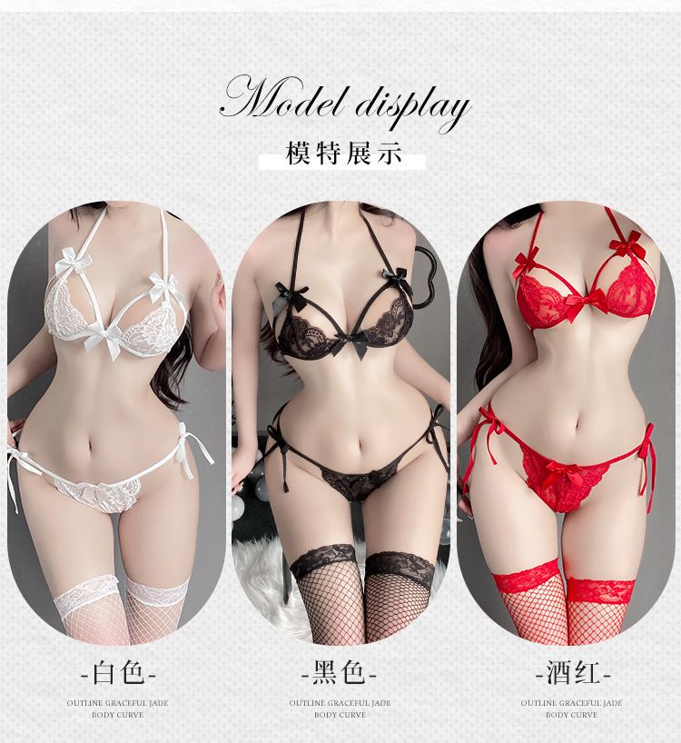 Valentines Gift Women Sexy G-String Bra Sets with Stockings Brief Breathable Lace Crotch Opening Thong Lady Sexy Panties G-String Underwear Thong Lingerie 4pieces set M07