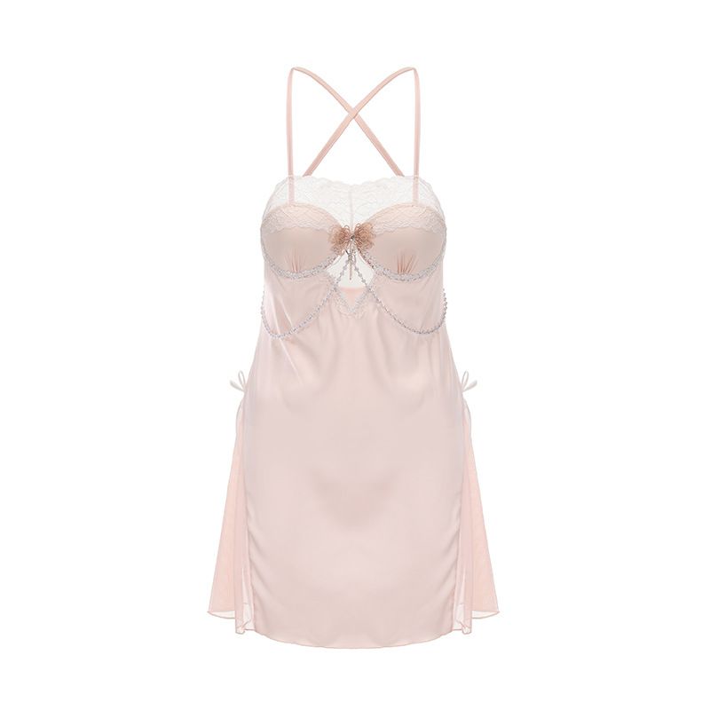 2pcs/set Satin Slip Lace Women Nightwear Nightgowns Nightdress Nightclothes Night Skirt Pajamas Nighty Soft Sleepwear Sleeping Night Dress Gowns Ladies Clothes V Neck Strap Women's Sleepwear Dresses