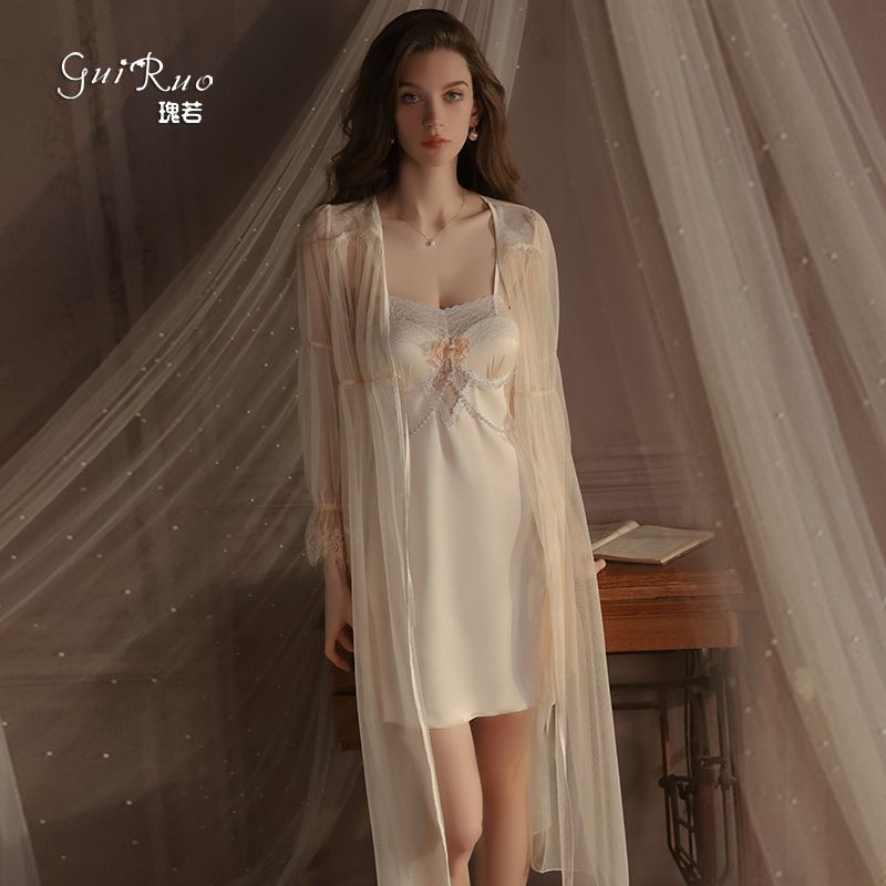 2pcs/set Satin Slip Lace Women Nightwear Nightgowns Nightdress Nightclothes Night Skirt Pajamas Nighty Soft Sleepwear Sleeping Night Dress Gowns Ladies Clothes V Neck Strap Women's Sleepwear Dresses