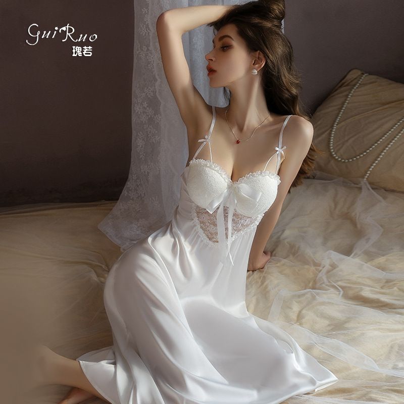 Deep V Neck Purple Women's Clothing Sleep Lounge Nightgowns Lace Sleepshirts Pajamas Feminine 2pcs/Set of Ice Silk Sling Night Gown with Chest Pad Ladies Satin Dress Up M17