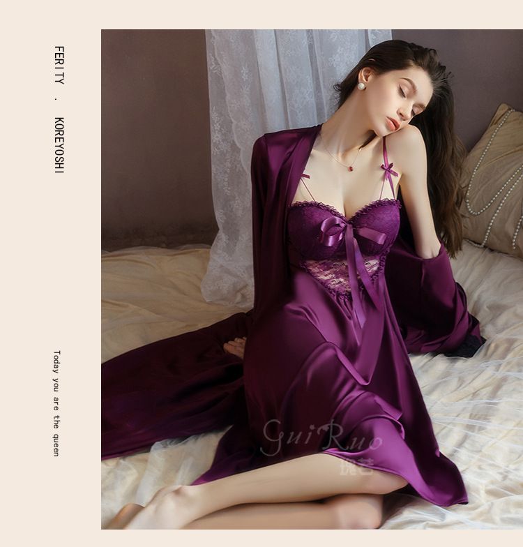 Deep V Neck Purple Women's Clothing Sleep Lounge Nightgowns Lace Sleepshirts Pajamas Feminine 2pcs/Set of Ice Silk Sling Night Gown with Chest Pad Ladies Satin Dress Up M17
