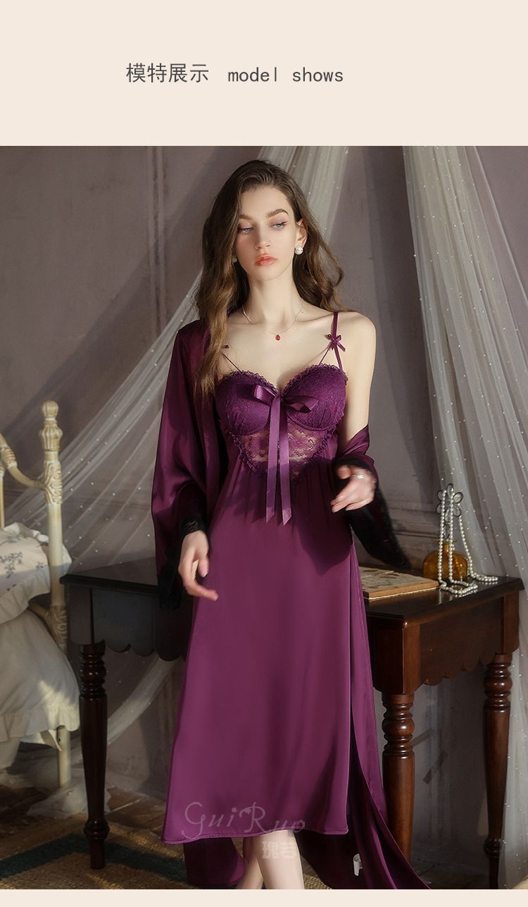 Deep V Neck Purple Women's Clothing Sleep Lounge Nightgowns Lace Sleepshirts Pajamas Feminine 2pcs/Set of Ice Silk Sling Night Gown with Chest Pad Ladies Satin Dress Up M17