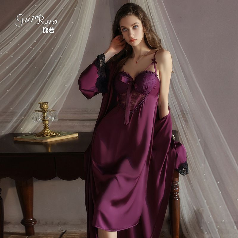 Deep V Neck Purple Women's Clothing Sleep Lounge Nightgowns Lace Sleepshirts Pajamas Feminine 2pcs/Set of Ice Silk Sling Night Gown with Chest Pad Ladies Satin Dress Up M17