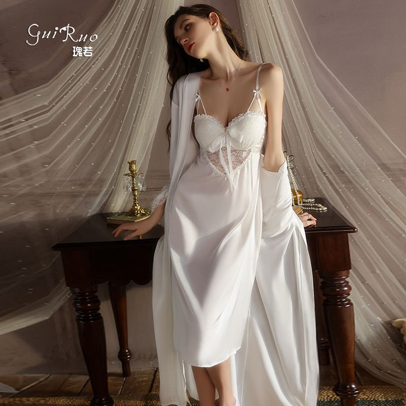 Deep V Neck Purple Women's Clothing Sleep Lounge Nightgowns Lace Sleepshirts Pajamas Feminine 2pcs/Set of Ice Silk Sling Night Gown with Chest Pad Ladies Satin Dress Up M17