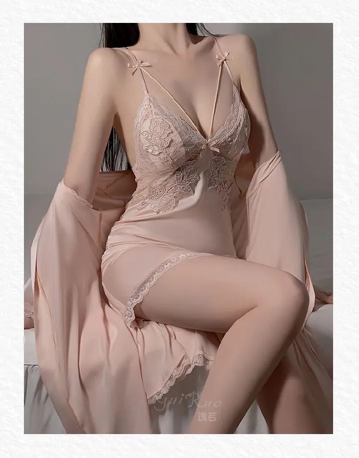 Top Sale Deep V Neck Purple Women's Clothing Sleep Lounge Nightgowns Lace Sleepshirts Pajamas 2pcs/Set of Ice Silk Sling Night Gown with Chest Pad Ladies Satin Dress Up M18
