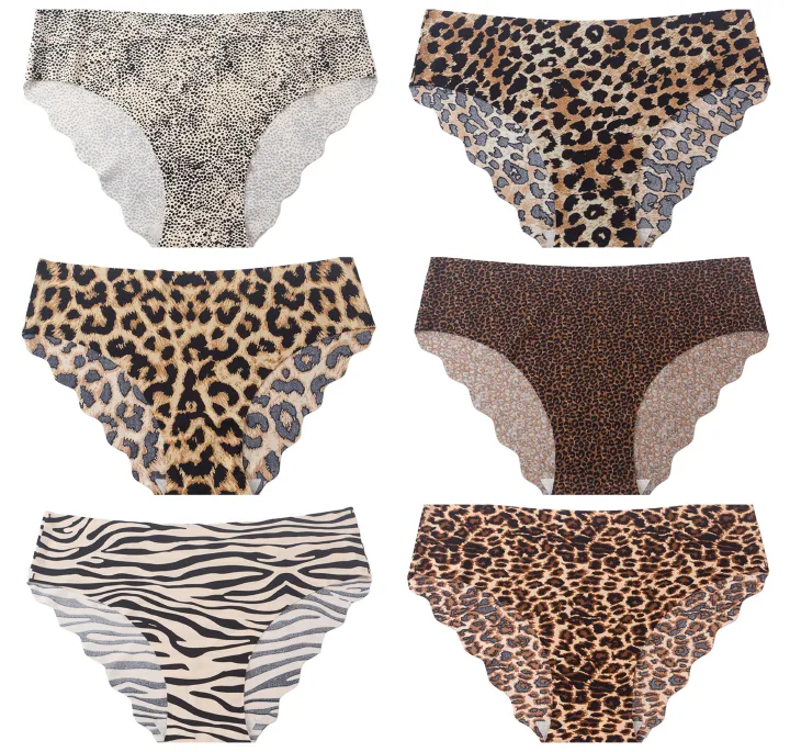 Plus Size 50-90kgs Fashion Women's Leopard Seamless Underwear Thongs Panties Assorted Lace Splice Women's G-string Invisible briefs Underwear Clothing Ladies Super Soft Low Waist Ice Silk Panties M30