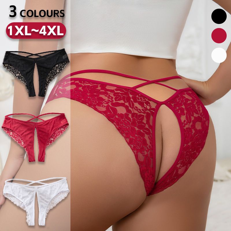 Plus Size XL-4XL Sexy Ladies Lingerie Cheeky Underwear Lace G-String Thongs T-Back Underpant Womens Lace Boyshorts Crotchless Sexy Panties Crisscross Strappy Hollow Back Underwear Hipster Briefs M46