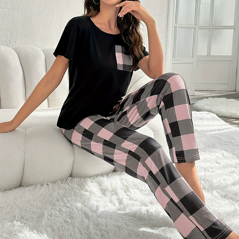 New Arrival Plus Size Women Pajama Set 2 Piece Lounge Set Short Sleeve Tops with Long Loose Pants Soft Sleepwear Plaid Design Print Long Trousers Homewear Loungewear set Can Wear Outdoor M115