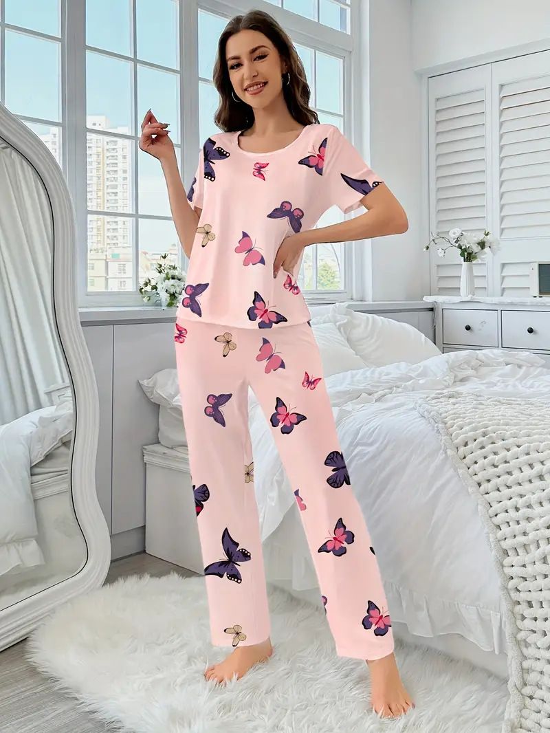 New Fashion Plus Size Women Pajama Set 2 Piece Lounge Set Short Sleeve Tops with Long Loose Pants Soft Sleepwear Butterfly Design Print Long Trousers Homewear Loungewear set Can Wear Outdoor M116