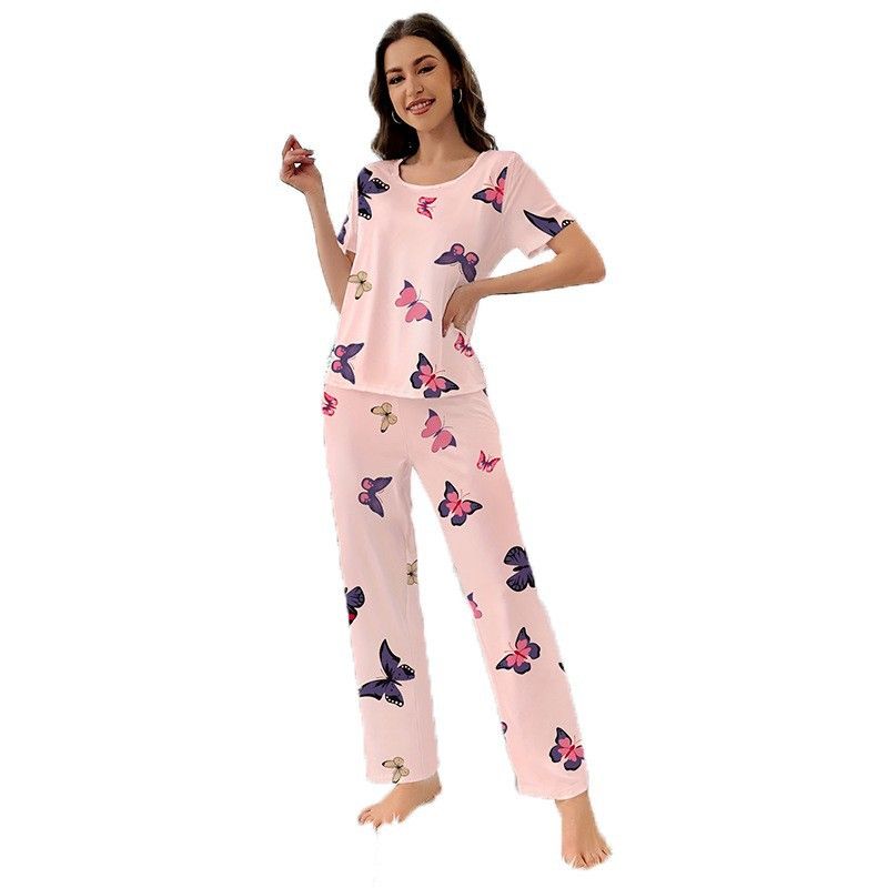 New Fashion Plus Size Women Pajama Set 2 Piece Lounge Set Short Sleeve Tops with Long Loose Pants Soft Sleepwear Butterfly Design Print Long Trousers Homewear Loungewear set Can Wear Outdoor M116