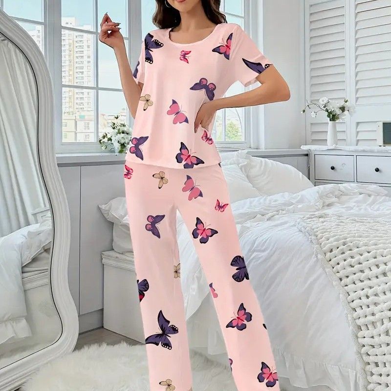 New Fashion Plus Size Women Pajama Set 2 Piece Lounge Set Short Sleeve Tops with Long Loose Pants Soft Sleepwear Butterfly Design Print Long Trousers Homewear Loungewear set Can Wear Outdoor M116