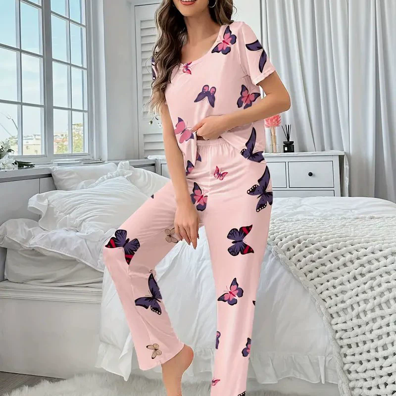 New Fashion Plus Size Women Pajama Set 2 Piece Lounge Set Short Sleeve Tops with Long Loose Pants Soft Sleepwear Butterfly Design Print Long Trousers Homewear Loungewear set Can Wear Outdoor M116
