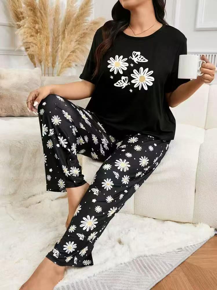 28Kinds 2 sets New Cheap Women Pajama Set Lounge Set Short Sleeve Tops Long Loose Pants Soft Sleepwear Leopard Bear Plaid Long Trousers Comfortable Homewear Loungewear Gifts set Can Wear Outdoor M118
