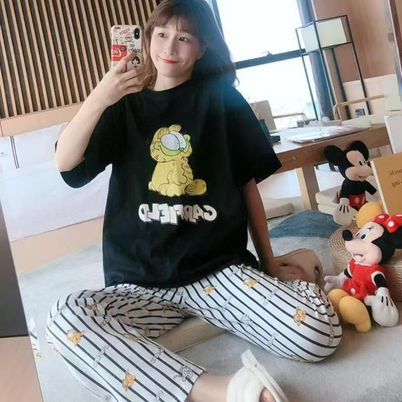 28Kinds 2 sets New Cheap Women Pajama Set Lounge Set Short Sleeve Tops Long Loose Pants Soft Sleepwear Leopard Bear Plaid Long Trousers Comfortable Homewear Loungewear Gifts set Can Wear Outdoor M118