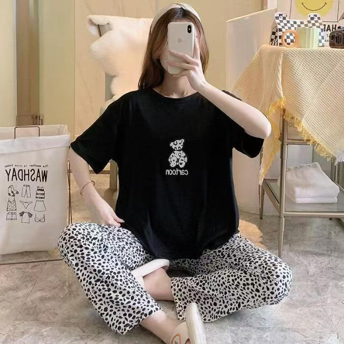 28Kinds 2 sets New Cheap Women Pajama Set Lounge Set Short Sleeve Tops Long Loose Pants Soft Sleepwear Leopard Bear Plaid Long Trousers Comfortable Homewear Loungewear Gifts set Can Wear Outdoor M118