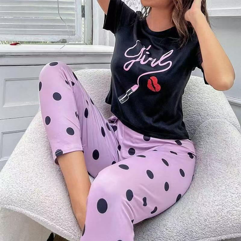 28Kinds 2 sets New Cheap Women Pajama Set Lounge Set Short Sleeve Tops Long Loose Pants Soft Sleepwear Leopard Bear Plaid Long Trousers Comfortable Homewear Loungewear Gifts set Can Wear Outdoor M118