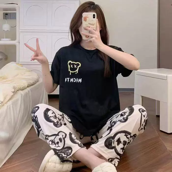 28Kinds 2 sets New Cheap Women Pajama Set Lounge Set Short Sleeve Tops Long Loose Pants Soft Sleepwear Leopard Bear Plaid Long Trousers Comfortable Homewear Loungewear Gifts set Can Wear Outdoor M118