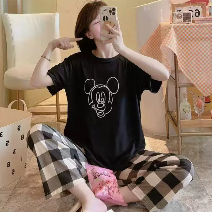 28Kinds 2 sets New Cheap Women Pajama Set Lounge Set Short Sleeve Tops Long Loose Pants Soft Sleepwear Leopard Bear Plaid Long Trousers Comfortable Homewear Loungewear Gifts set Can Wear Outdoor M118