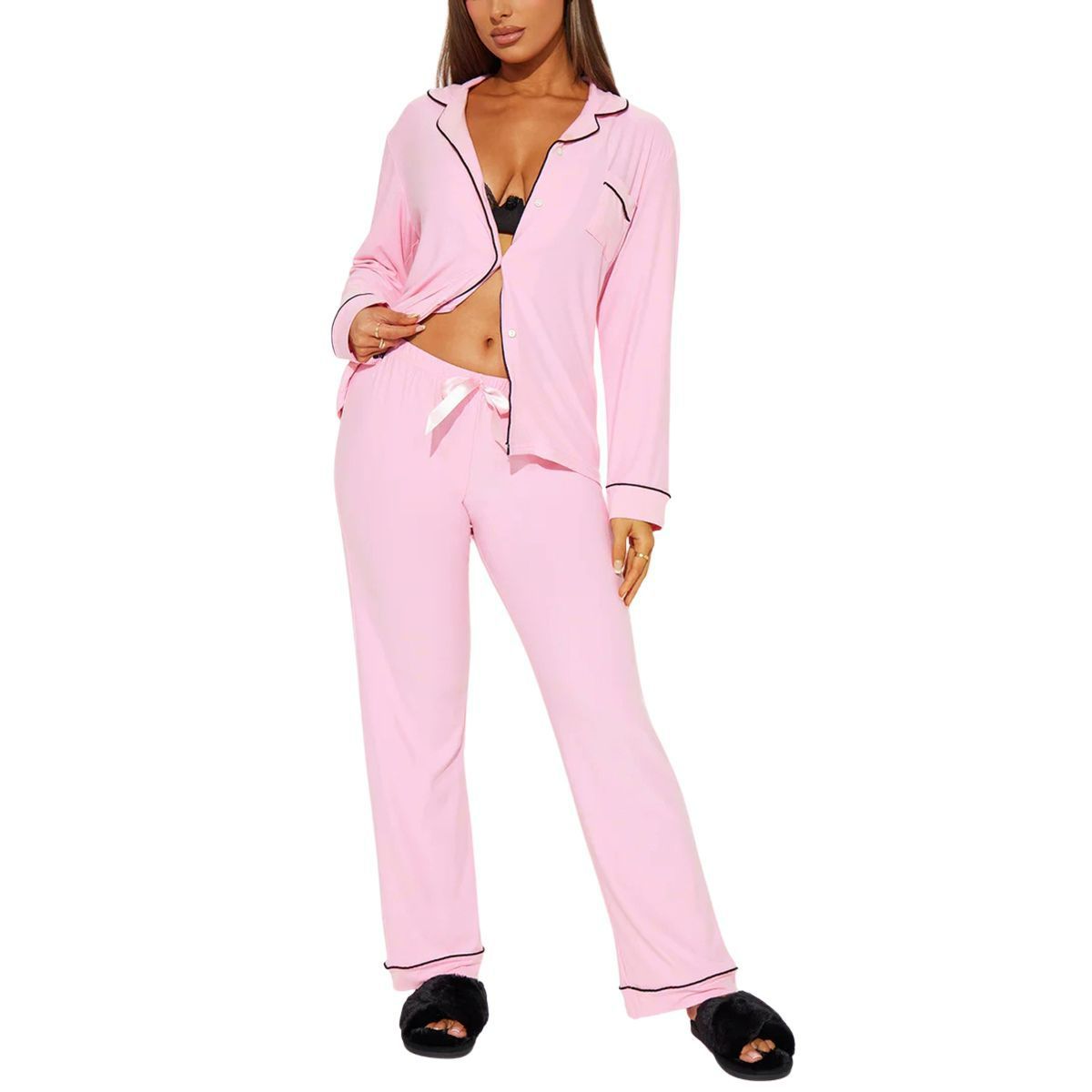 Good Quality Plus Size Women Pink Pajama Set 2 Piece Lounge Set Short Sleeve Tops Ladies Black Long Loose Pants Soft Sleepwear KISS Print Homewear Outdoor Wear Best Gifts for Women M120