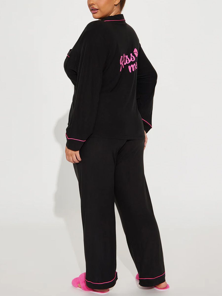 Good Quality Plus Size Women Pink Pajama Set 2 Piece Lounge Set Short Sleeve Tops Ladies Black Long Loose Pants Soft Sleepwear KISS Print Homewear Outdoor Wear Best Gifts for Women M120