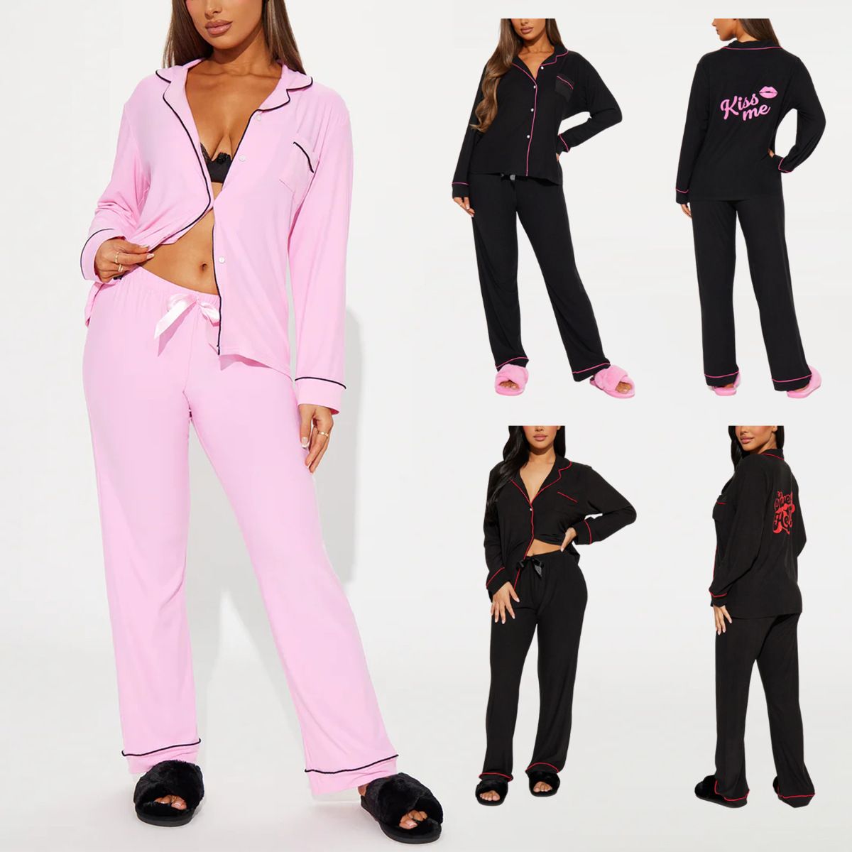 Good Quality Plus Size Women Pink Pajama Set 2 Piece Lounge Set Short Sleeve Tops Ladies Black Long Loose Pants Soft Sleepwear KISS Print Homewear Outdoor Wear Best Gifts for Women M120